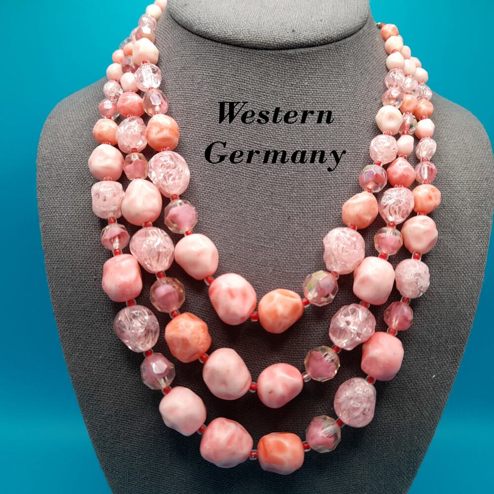 Vintage Western Germany Pink Bead Necklace, Red Seed Beads, Lucite Beads